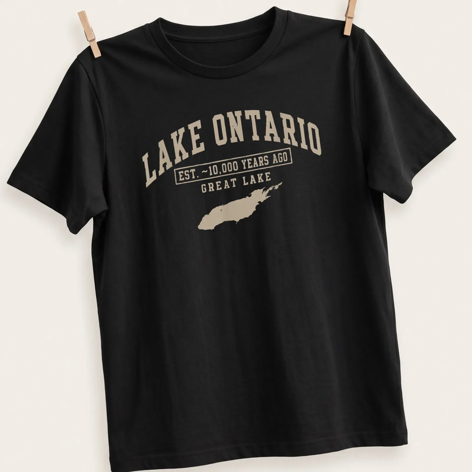 Vintage style Lake Ontario T-shirt with established text and lake illustration — printed on a unisex t-shirt