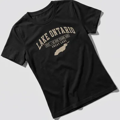 Vintage style Lake Ontario T-shirt with established text and lake illustration — printed on a women's shirt