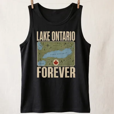 Vintage map graphic of Lake Ontario with text 'Lake Ontario Forever' in blue, green, beige, and red. — printed on a tank top
