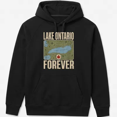 Vintage map graphic of Lake Ontario with text 'Lake Ontario Forever' in blue, green, beige, and red. — printed on a unisex hoodie