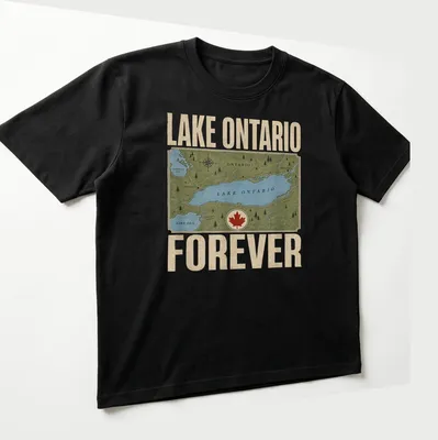 Vintage map graphic of Lake Ontario with text 'Lake Ontario Forever' in blue, green, beige, and red. — printed on a unisex t-shirt (angled view)