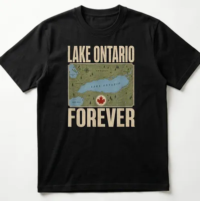 Vintage map graphic of Lake Ontario with text 'Lake Ontario Forever' in blue, green, beige, and red.