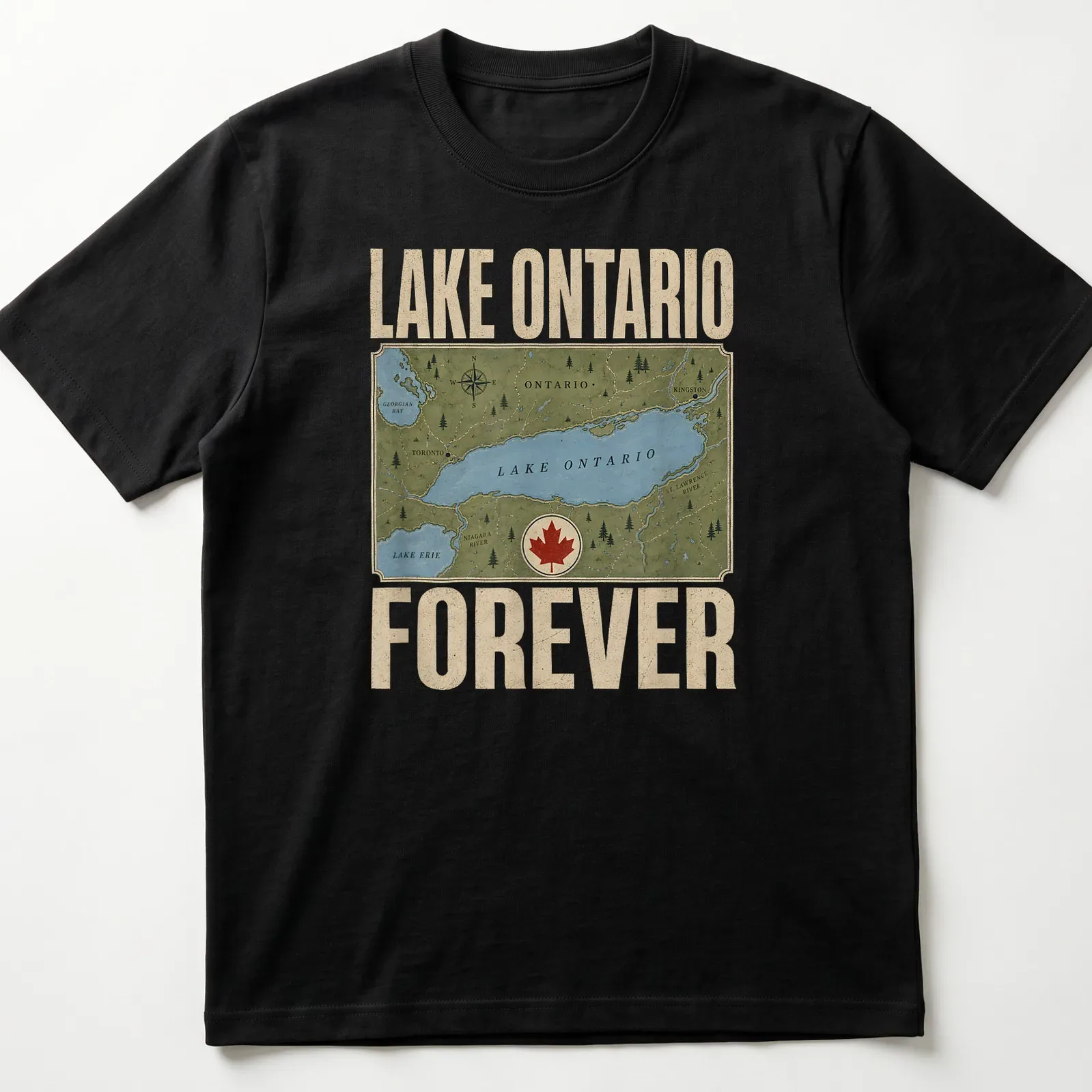 Vintage map graphic of Lake Ontario with text 'Lake Ontario Forever' in blue, green, beige, and red. — printed on a unisex t-shirt