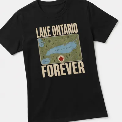 Vintage map graphic of Lake Ontario with text 'Lake Ontario Forever' in blue, green, beige, and red. — printed on a women's shirt