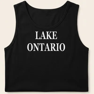 Bold typography Lake Ontario t-shirt with white lettering — printed on a tank top