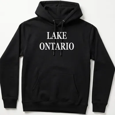 Bold typography Lake Ontario t-shirt with white lettering — printed on a unisex hoodie