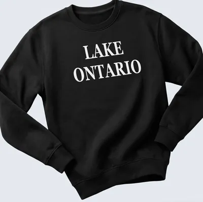 Bold typography Lake Ontario t-shirt with white lettering — printed on a unisex sweatshirt