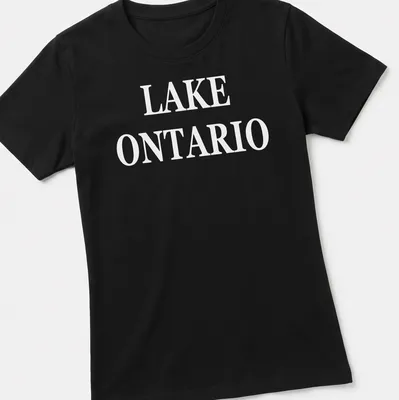 Bold typography Lake Ontario t-shirt with white lettering — printed on a women's shirt