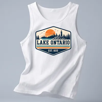 Vintage style t-shirt featuring Lake Ontario EST. 1615 in nostalgic colors — printed on a tank top