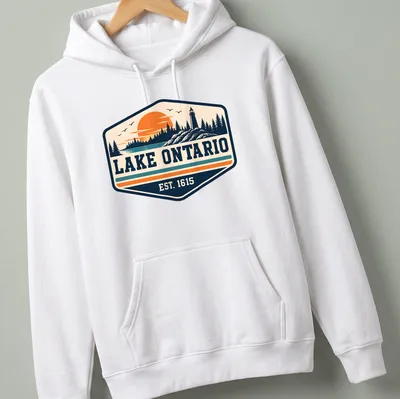 Vintage style t-shirt featuring Lake Ontario EST. 1615 in nostalgic colors — printed on a unisex hoodie