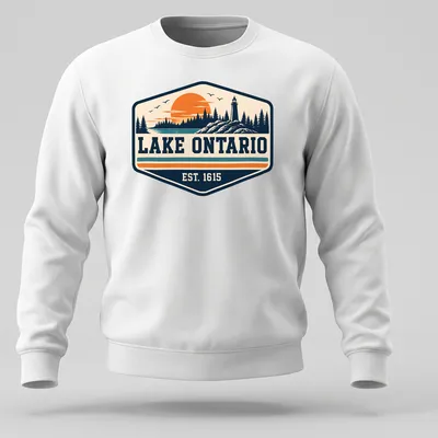 Vintage style t-shirt featuring Lake Ontario EST. 1615 in nostalgic colors — printed on a unisex sweatshirt