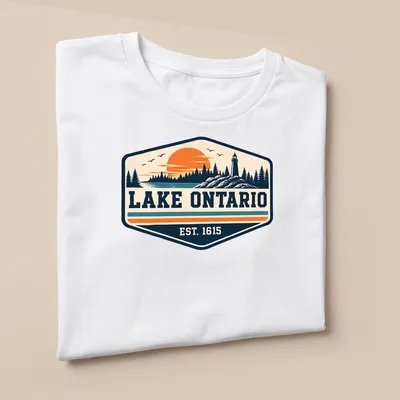 Vintage style t-shirt featuring Lake Ontario EST. 1615 in nostalgic colors — printed on a unisex t-shirt (angled view)