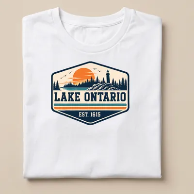 Vintage style t-shirt featuring Lake Ontario EST. 1615 in nostalgic colors