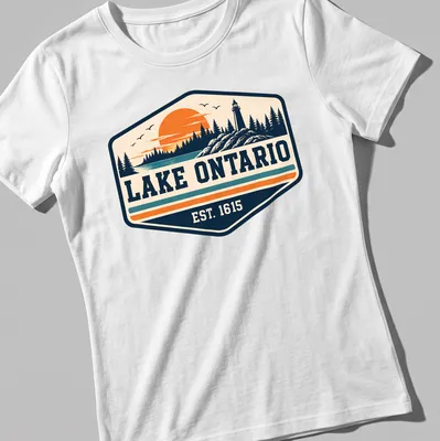 Vintage style t-shirt featuring Lake Ontario EST. 1615 in nostalgic colors — printed on a women's shirt