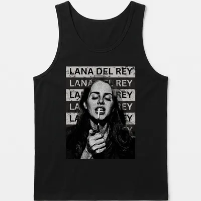Vintage pop art t-shirt featuring repeated text of Lana Del Rey's name — printed on a tank top