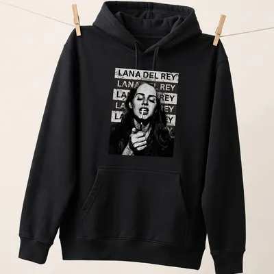 Vintage pop art t-shirt featuring repeated text of Lana Del Rey's name — printed on a unisex hoodie