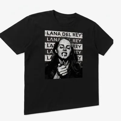 Vintage pop art t-shirt featuring repeated text of Lana Del Rey's name — printed on a unisex t-shirt (angled view)