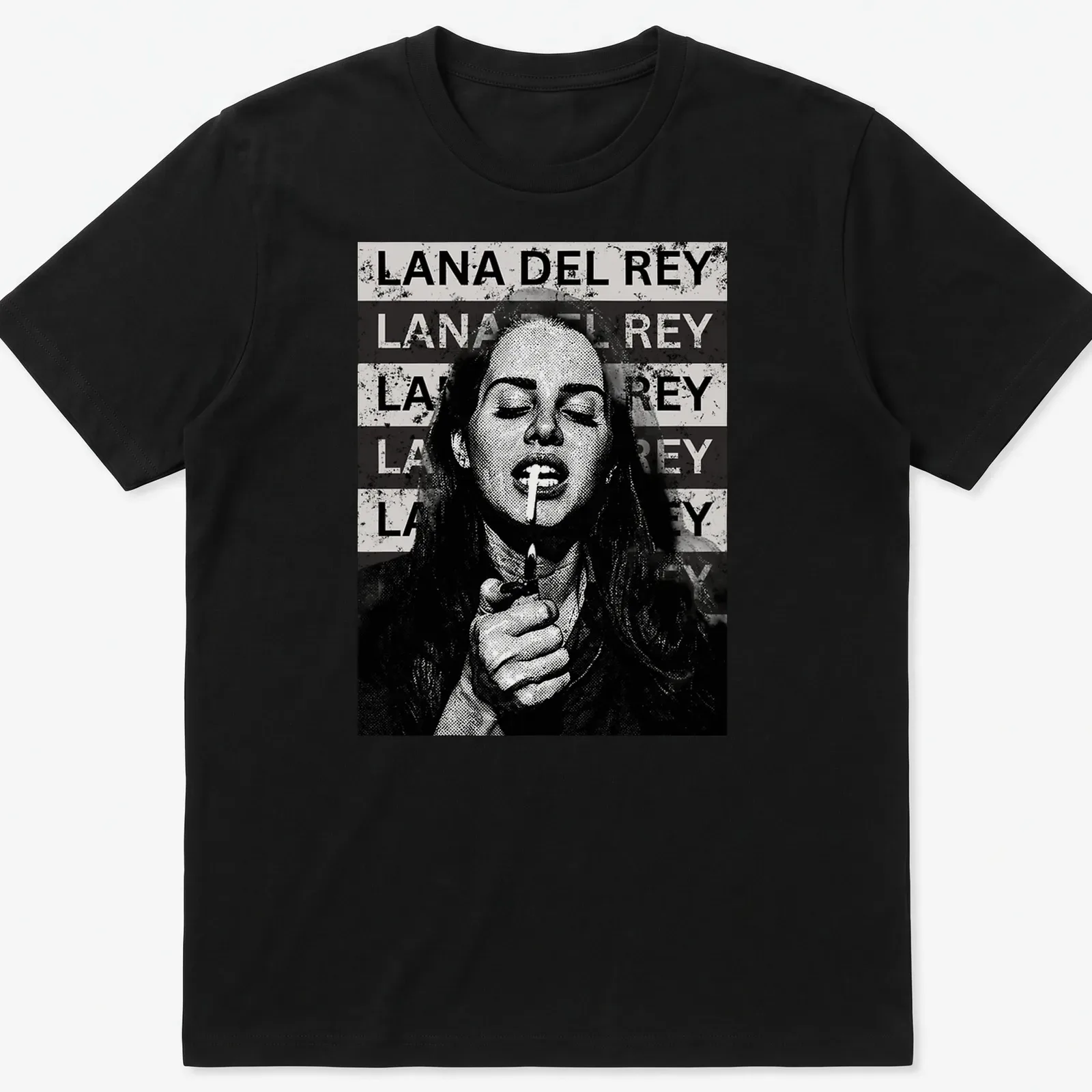 Vintage pop art t-shirt featuring repeated text of Lana Del Rey's name — printed on a unisex t-shirt