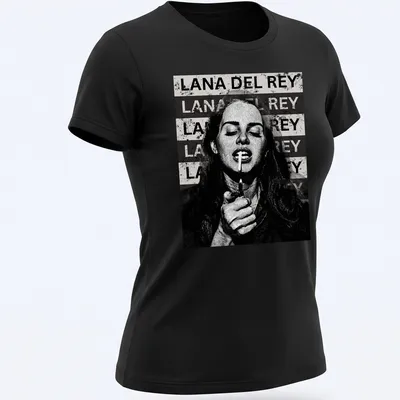 Vintage pop art t-shirt featuring repeated text of Lana Del Rey's name — printed on a women's shirt
