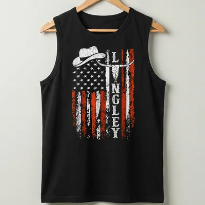 Retro distressed design of cowboy hat, longhorn skull, and American flag — printed on a tank top