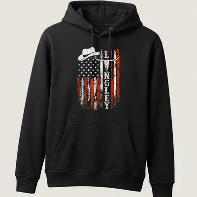 Retro distressed design of cowboy hat, longhorn skull, and American flag — printed on a unisex hoodie