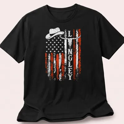 Retro distressed design of cowboy hat, longhorn skull, and American flag