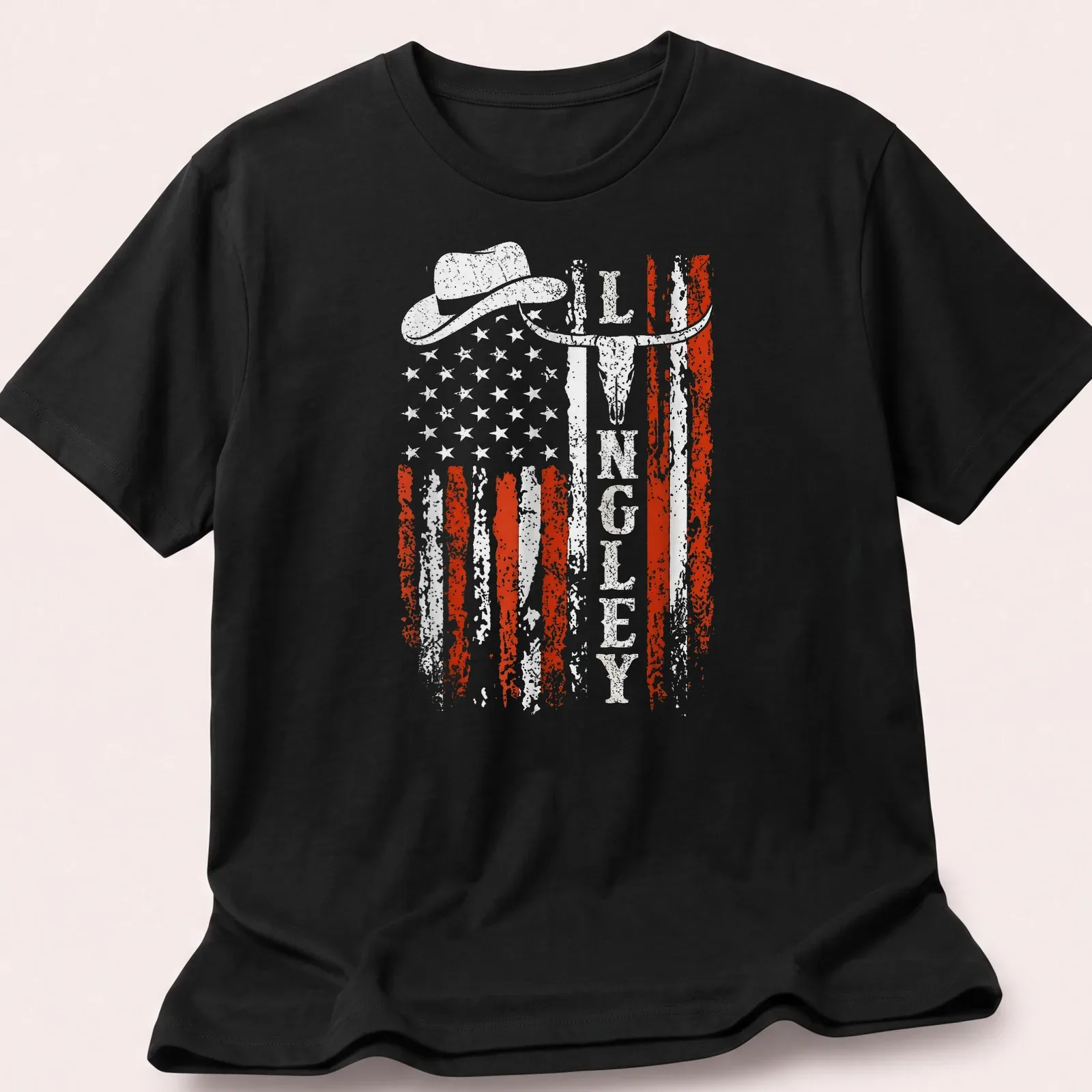 Retro distressed design of cowboy hat, longhorn skull, and American flag — printed on a unisex t-shirt