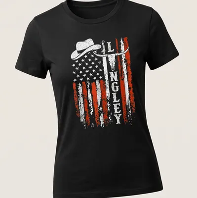 Retro distressed design of cowboy hat, longhorn skull, and American flag — printed on a women's shirt