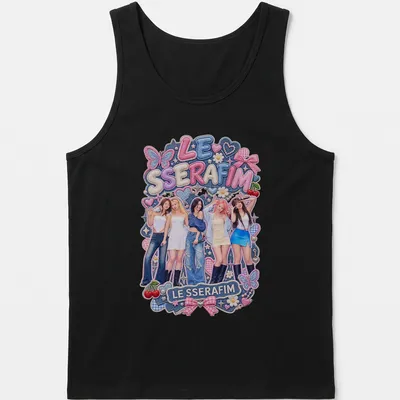 Colorful illustration of LE SSERAFIM with playful design elements — printed on a tank top
