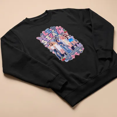 Colorful illustration of LE SSERAFIM with playful design elements — printed on a unisex sweatshirt