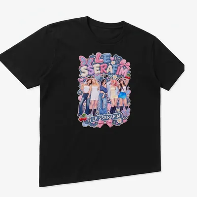 Colorful illustration of LE SSERAFIM with playful design elements — printed on a unisex t-shirt (angled view)