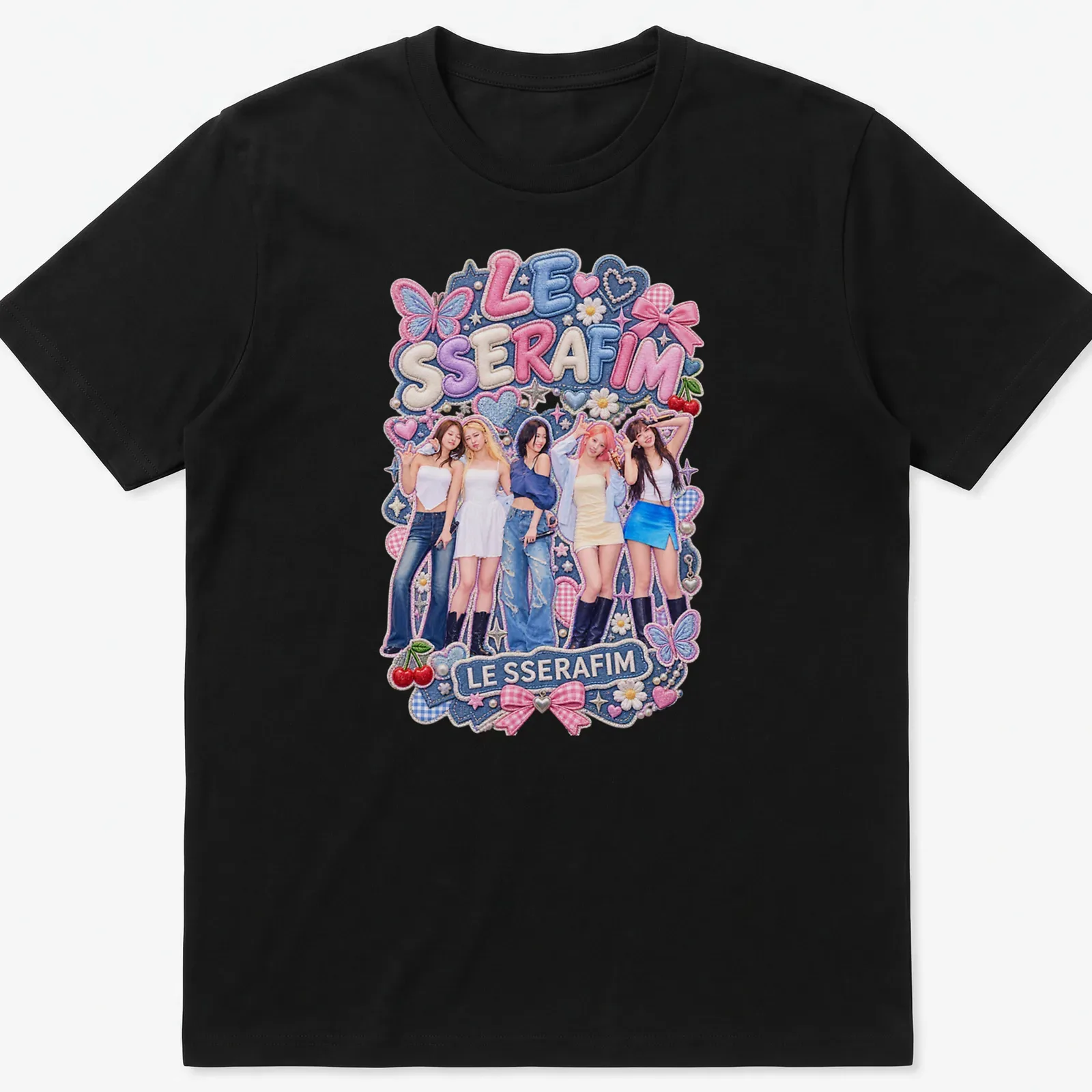 Colorful illustration of LE SSERAFIM with playful design elements — printed on a unisex t-shirt