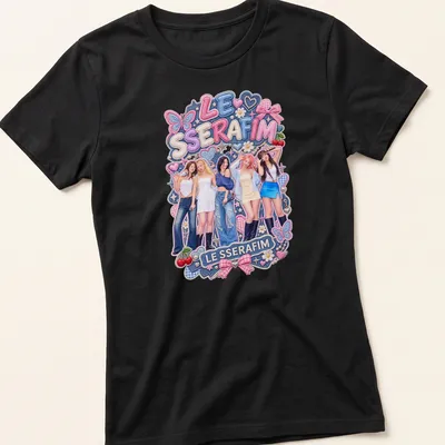 Colorful illustration of LE SSERAFIM with playful design elements — printed on a women's shirt