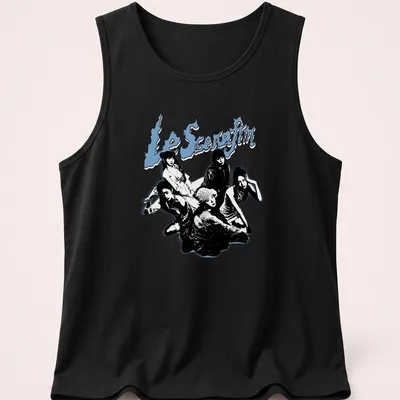 Bold graphic tee featuring Le Sserafim K-pop group name in black, blue, and white — printed on a tank top