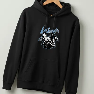 Bold graphic tee featuring Le Sserafim K-pop group name in black, blue, and white — printed on a unisex hoodie