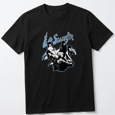 Bold graphic tee featuring Le Sserafim K-pop group name in black, blue, and white