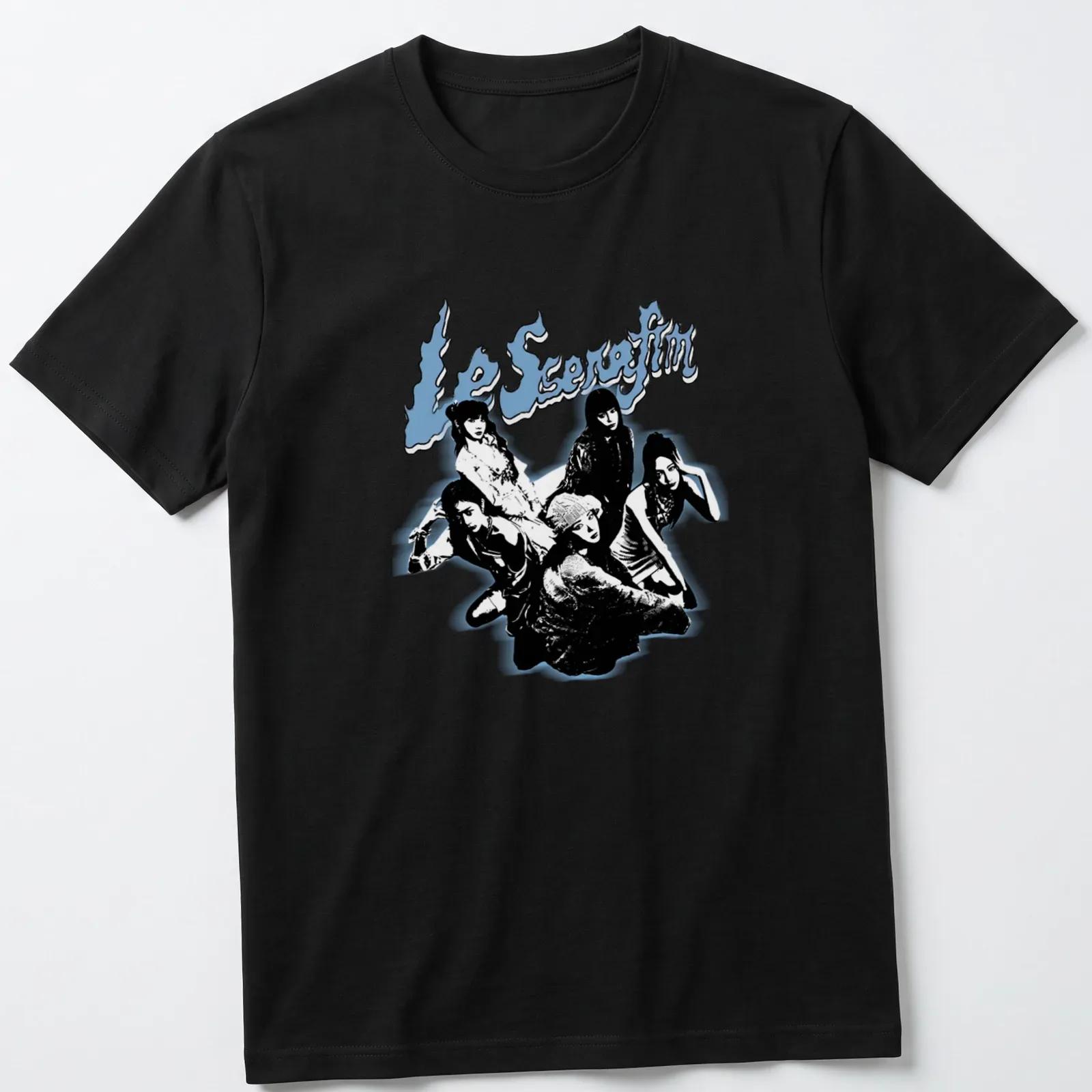 Bold graphic tee featuring Le Sserafim K-pop group name in black, blue, and white — printed on a unisex t-shirt