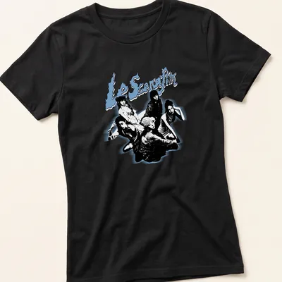 Bold graphic tee featuring Le Sserafim K-pop group name in black, blue, and white — printed on a women's shirt