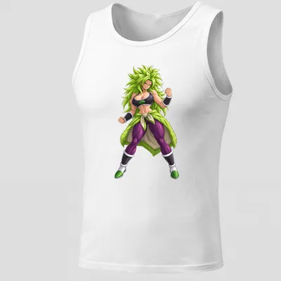 Illustration of a Legendary Warrior Anime Waifu in green, purple, black, and white colors — printed on a tank top