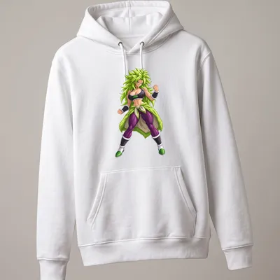 Illustration of a Legendary Warrior Anime Waifu in green, purple, black, and white colors — printed on a unisex hoodie