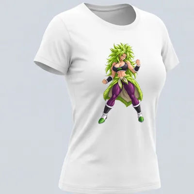 Illustration of a Legendary Warrior Anime Waifu in green, purple, black, and white colors — printed on a women's shirt