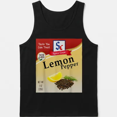 Illustrative t-shirt featuring Lemon Pepper spice with playful printed text. — printed on a tank top