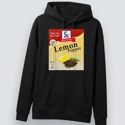 Illustrative t-shirt featuring Lemon Pepper spice with playful printed text. — printed on a unisex hoodie