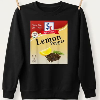 Illustrative t-shirt featuring Lemon Pepper spice with playful printed text. — printed on a unisex sweatshirt