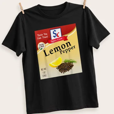 Illustrative t-shirt featuring Lemon Pepper spice with playful printed text.