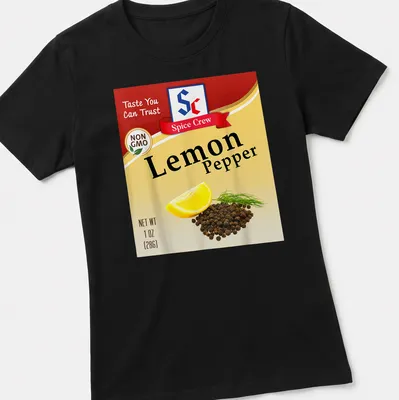 Illustrative t-shirt featuring Lemon Pepper spice with playful printed text. — printed on a women's shirt