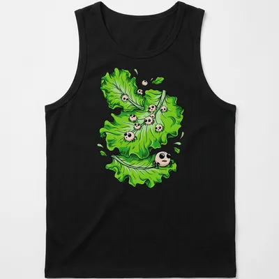 Cartoonish Halloween t-shirt featuring green lettuce with funny parasites. — printed on a tank top