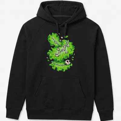 Cartoonish Halloween t-shirt featuring green lettuce with funny parasites. — printed on a unisex hoodie