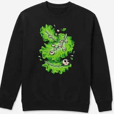 Cartoonish Halloween t-shirt featuring green lettuce with funny parasites. — printed on a unisex sweatshirt