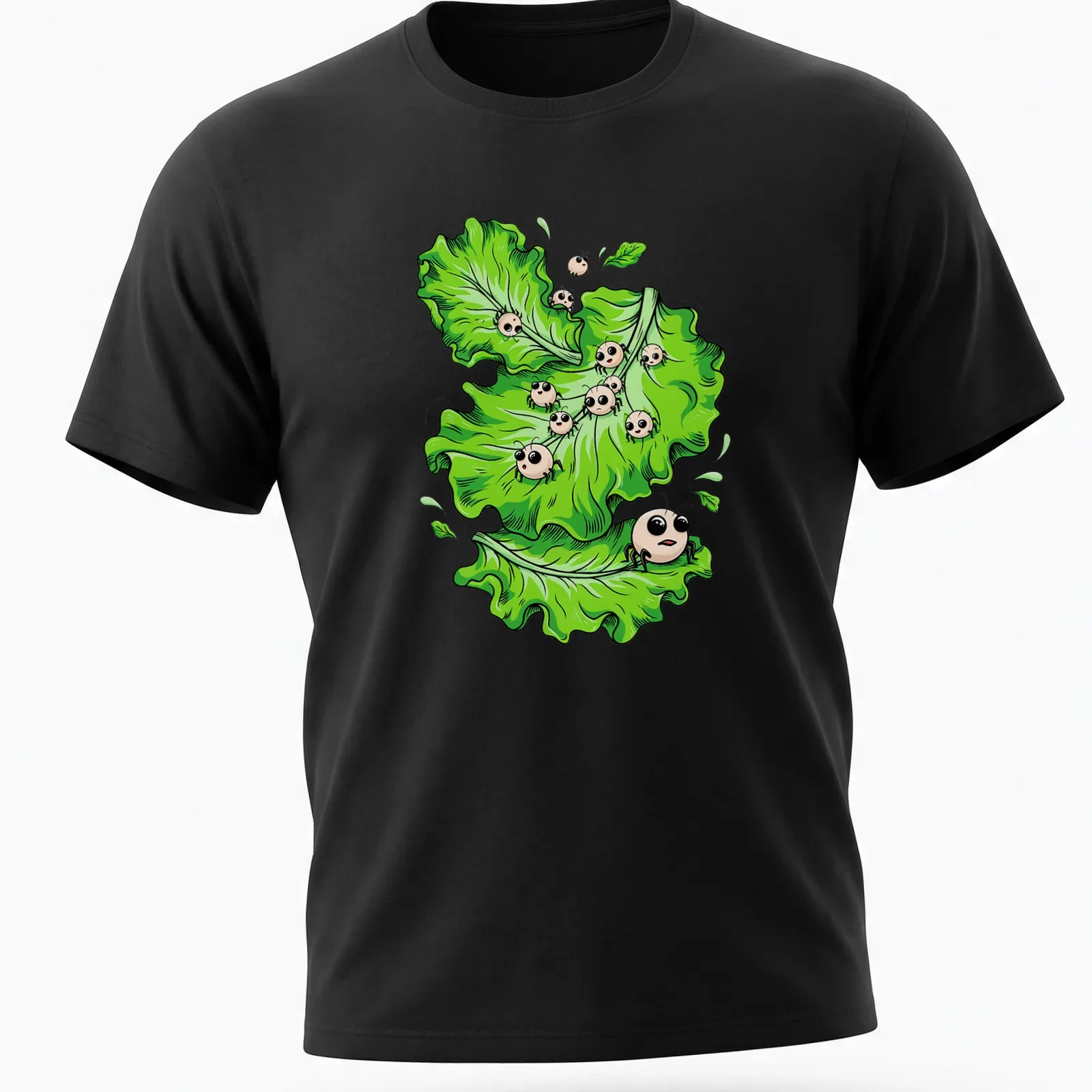 Cartoonish Halloween t-shirt featuring green lettuce with funny parasites. — printed on a unisex t-shirt